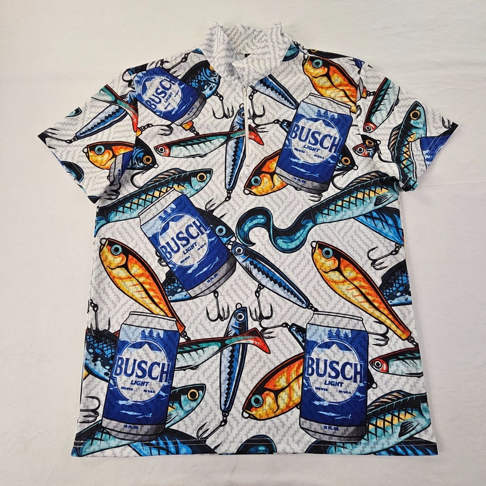 Busch Light Fishing White Short Sleeve 1/4 Zip Polo Shirt Men's L